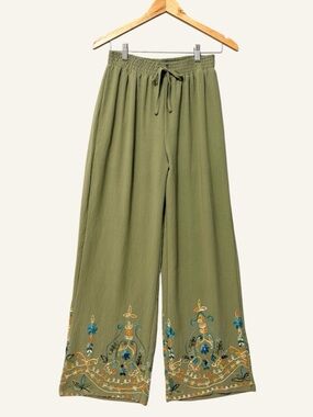 Liv Los Angeles Embroidered Wide Leg Pull On Pants Size Medium Olive Green Boho